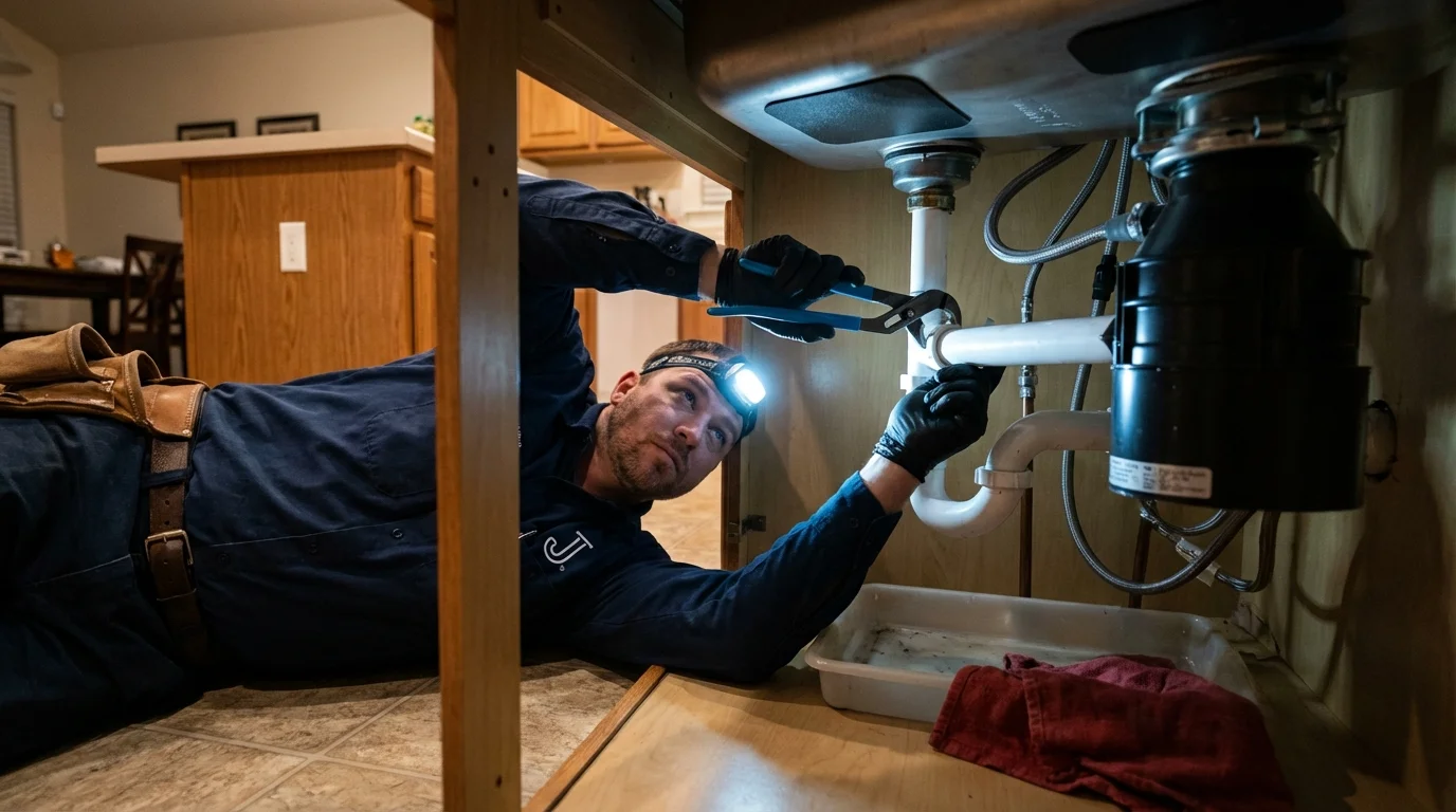 P-trap and supply line connections under a kitchen sink showing a common leak point in Sparks, NV